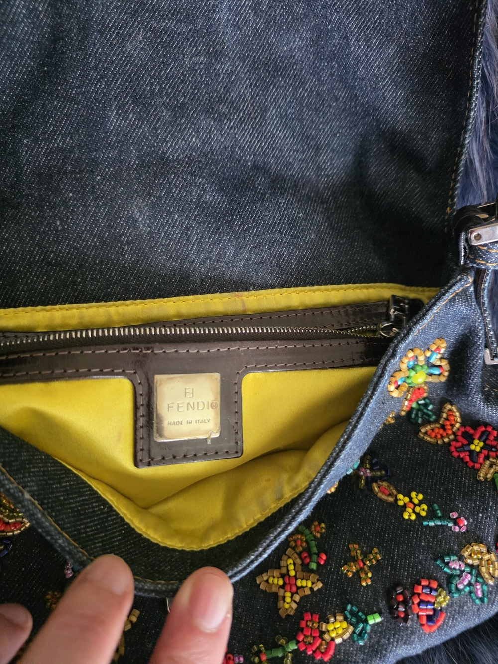 Fendi Denim Baguette Shoulder Bag with Floral Embroidery And Extra Beads - Picture 5 of 10